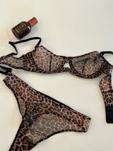Cargar la imagen en el visor de la galeríaConjunto de sujetador con aro y bragas estampado de leopardo para mujer Lencería sexy transparente con push up Conjunto de ropa interior de encaje