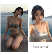 Load image into Gallery viewer, Silver Y2K One-Shoulder Bikini Bodysuit
