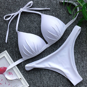 Halter Bra Cup Swimsuit 2025, White Push up Bikini set Brazilian