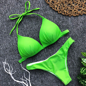 Áo tắm cúp ngực kiểu Halter 2025, Bộ bikini trắng đẩy ngực kiểu Brazil