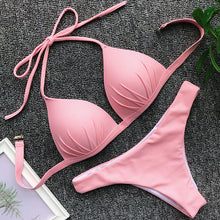 Tải hình ảnh vào trình xem Thư viện,Áo tắm cúp ngực kiểu Halter 2025, Bộ bikini trắng đẩy ngực kiểu Brazil
