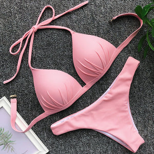 Bañador con copa de sujetador halter 2025, conjunto de bikini blanco con push up brasileño