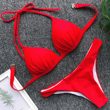 Tải hình ảnh vào trình xem Thư viện,Áo tắm cúp ngực kiểu Halter 2025, Bộ bikini trắng đẩy ngực kiểu Brazil
