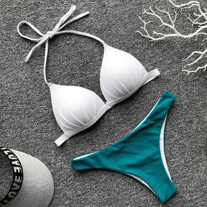 Bañador con copa de sujetador halter 2025, conjunto de bikini blanco con push up brasileño