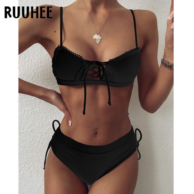 RUUHEE Bikini Nữ Đồ bơi Đẩy lên Hollow Out Bikini Set, Bandage Summer Bikiniini