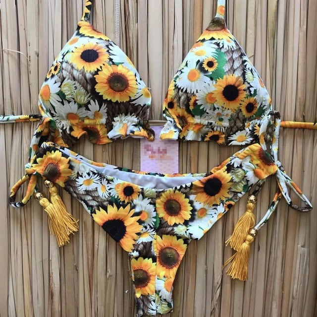 Bañador de flores para mujer 2025, bikini brasileño con sujetador push up