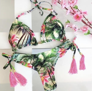 Bañador de flores para mujer 2025, bikini brasileño con sujetador push up