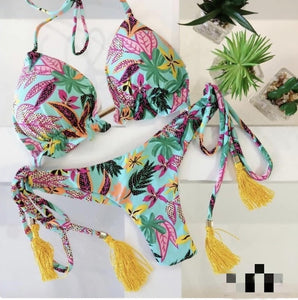 Bañador de flores para mujer 2025, bikini brasileño con sujetador push up