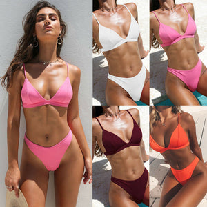 Conjunto de bikini tipo tanga Hirigin 2025 Nueva ropa de baño Color puro Push Up con almohadillas Ropa de playa