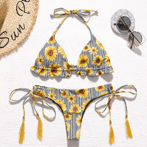 Brazilian bikini thong 2025 Leaves print, Tassel swimwear Push up new biquinis