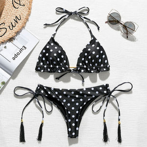 Bikini thong Brazil 2025 in họa tiết lá, đồ bơi tua rua nâng ngực mới biquinis