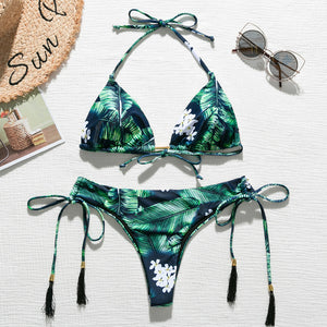 Brazilian bikini thong 2025 Leaves print, Tassel swimwear Push up new biquinis