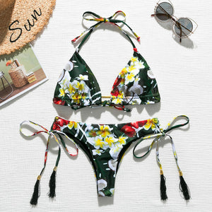 Bikini thong Brazil 2025 in họa tiết lá, đồ bơi tua rua nâng ngực mới biquinis