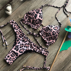 Bikini thong brasileño 2025 Estampado de hojas, Traje de baño con borlas Push up nuevos biquinis