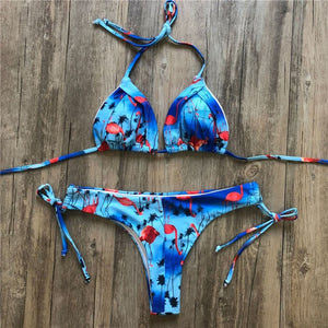 Bikini thong brasileño 2025 Estampado de hojas, Traje de baño con borlas Push up nuevos biquinis