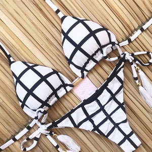 Bikini thong Brazil 2025 in họa tiết lá, đồ bơi tua rua nâng ngực mới biquinis