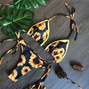 Bikini thong Brazil 2025 in họa tiết lá, đồ bơi tua rua nâng ngực mới biquinis