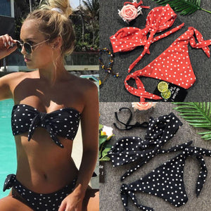 Polka Dot Strapless Bikini Set For Women Push-up Padded Bra