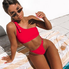 Load image into Gallery viewer, Red Bikini 2025 High Waist Cut, Push Up Swimwear, Solid One Shoulder Bikini
