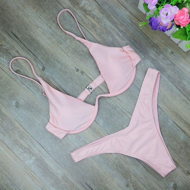 Bikini dây cao mới 2025, eo cao, Bộ bikini Brazil trơn