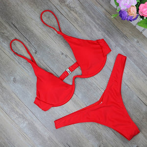 Bikini dây cao mới 2025, eo cao, Bộ bikini Brazil trơn