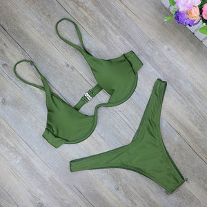 Bikini dây cao mới 2025, eo cao, Bộ bikini Brazil trơn