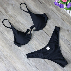 Bikini dây cao mới 2025, eo cao, Bộ bikini Brazil trơn