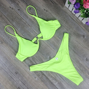 Bikini dây cao mới 2025, eo cao, Bộ bikini Brazil trơn