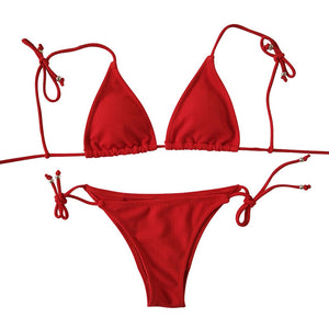 Bikini triangular micro de dos piezas con cuerdas, traje de baño rojo 2025 brasileño