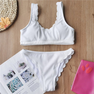 Conjunto de bikini bandeau sexy de canalé para mujer Peachtan 2025 Blanco sólido