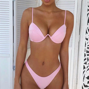 2025 Push-up Bandage Bikini, Solid Color Swimsuit, Low Waist Triangle Maillot De Bain Femme