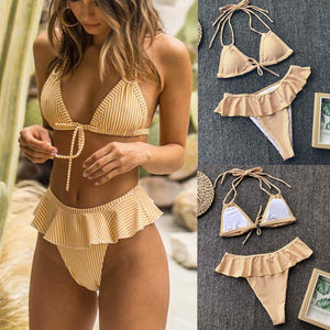 Bikini Ruffles Nữ, Áo Tắm Cổ Yếm Vàng Đệm Đẩy 2025