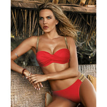 Tải hình ảnh vào trình xem Thư viện,Bikini bơi Brazil in họa tiết lá mới 2025, Bộ bikini đẩy ngực Bandeau
