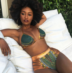 Nuevo conjunto de bikini de dos piezas con estampado africano 2025, traje de cintura alta dorado