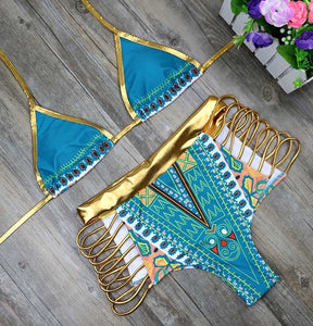 New African Print Two-Pieces Bath Suits Bikini Set 2025, Gold High Waist Suit