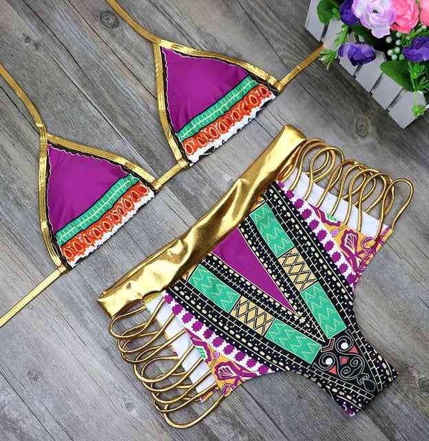 Nuevo conjunto de bikini de dos piezas con estampado africano 2025, traje de cintura alta dorado