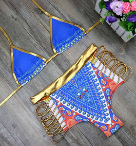 New African Print Two-Pieces Bath Suits Bikini Set 2025, Gold High Waist Suit