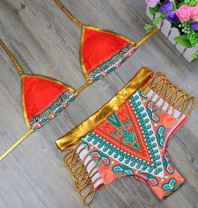 New African Print Two-Pieces Bath Suits Bikini Set 2025, Gold High Waist Suit