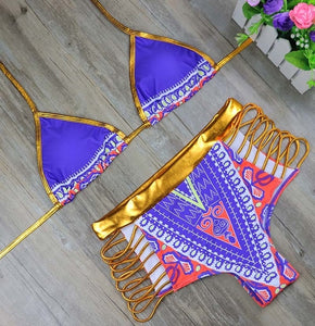 Nuevo conjunto de bikini de dos piezas con estampado africano 2025, traje de cintura alta dorado