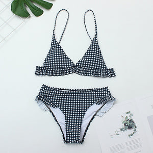 Bikini Set Nữ Kẻ Caro 2025 Mới Đẩy Lên Ruffle Bơi Có Đệm