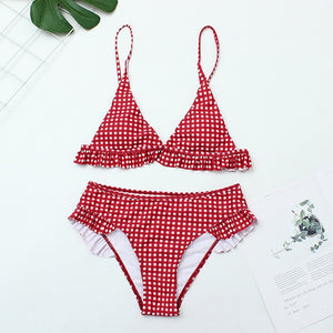 Bikini Set Nữ Kẻ Caro 2025 Mới Đẩy Lên Ruffle Bơi Có Đệm